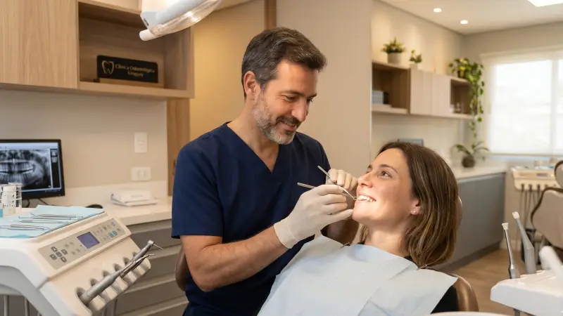Paciente en control dental siendo revisado por dentista