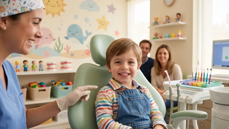 Dentista revisando a paciente con equipos modernos