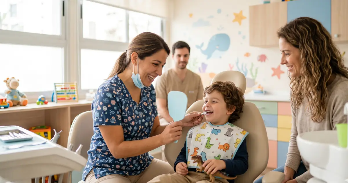 Niño en consulta dental por primera vez, experiencia positiva